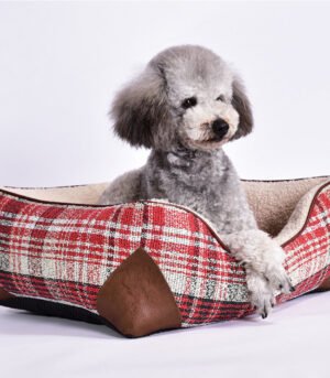Square Vintage Plaid Faux Sherpa PU Leather Dog & Cat Bed