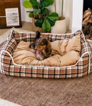 Classical Retro Plaid Removable Bolster Calming Dog Bed - Nostalgic Retreat