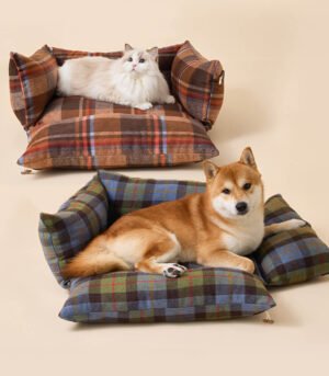 Plaid Expandable Soft Reversible With Horn Button Dog & Cat Bed