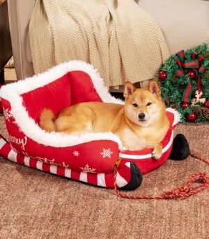 Festive Plush Cozy Dog Bed - Christmas Sleigh