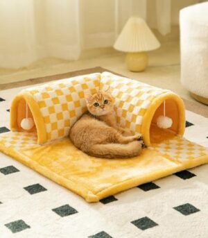 2-in-1 Funny Plush Plaid Checkered Cat Tunnel  Bed