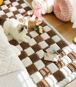 Cream-colored Large Plaid Square Fuzzy Pet Dog Mat Bed Couch Cover